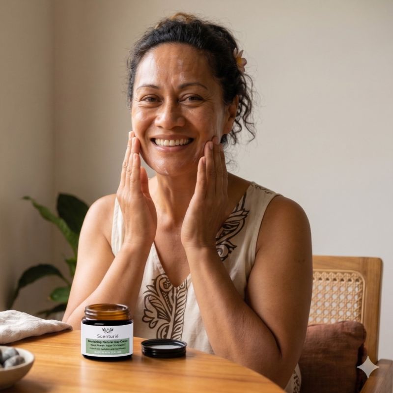 Middle-aged-Pacifica-woman-smiling-and-applying-Scenturie-Natural-Day-Cream-to-her-face
